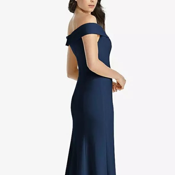 Dessy 3038..Off-the-Shoulder Notch Trumpet Gown with Front Slit..Midnight.Sz 12 - Picture 3 of 6